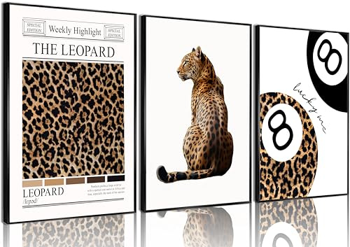 Set of 3 Trendy Leopard Wall Art Funky Lucky 8 Ball Posters Prints Preppy Room Aesthetic Cheetah Wall Decor Pictures for Girls Bedroom Apartment Dorm Unframed 12x16in