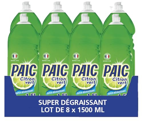 PAIC - Liquide Vaisselle Citron Vert Super Dégraissant - Nettoie - Dégraisse - Élimine les Mauvaises Odeurs - Lot de 8 x 1500 ML