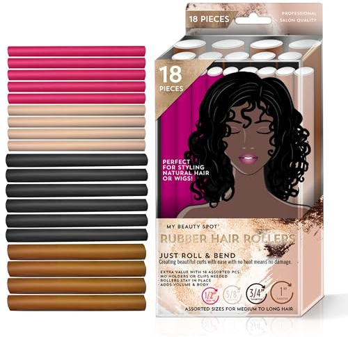 My Beauty Spot Flexi Rods Foam Hair Rollers 1/2, 3/4, 5/8, and 1 Diameter Professional Salon Quality 18 Pcs Rubber Hair Rollers for Short, Long, and Medium Hair