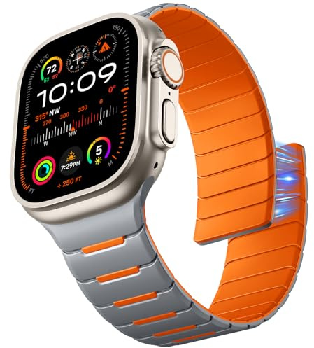 Epova Magnetiskt silikonarmband kompatibelt med Apple Watch-armband 45 mm, 49 mm, 44 mm, 42 mm, 46 mm, herrmagnet, sportarmband för iWatch Ultra 3 SE 3 Series 11 10 9 8 7 6 5 4 3 2 1, grå/orange