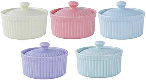 Moldes de porcelana para hornear, mini cazuela con tapa, fuente para hornear, juego de 5 cuencos para pudín, cuenco de postre, 5 piezas