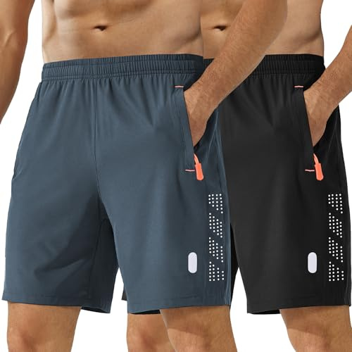 kuzwufs Herren Sporthose Kurze Atmungsaktive Gym Fitness Hosen Dry Fit Lauf Shorts Training Funktionsshorts Mit Reißverschlusstaschen 2er Pack