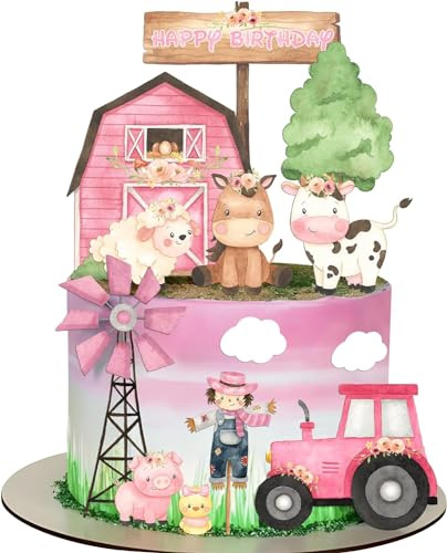 Topper de Cupcake de Ferme,14 Pièces Anniversaire Topper Vache,Vache Decoration Gateau Animal Cake Topper Cour de Ferme pour Rural Anniversaire Gâteau Décorations Fête Fournitures (rose)