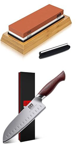 ou Antidérapante 1000/6000 + SHAN ZU Couteau de Cuisine Santoku 18 cm, Lame Ultra-tranchante à 12°, Acier Super Dur Japonais 10Cr15MoV(62HRC) et Manche Ergonomique en Bois de Pakka