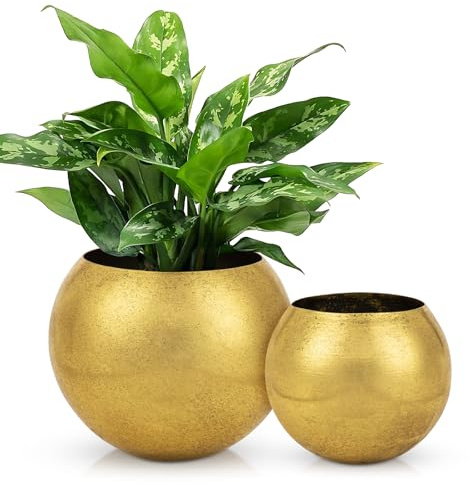 Oairse 2er Set Übertopf Gold Blumentöpfe Runde aus Verzinktem Stahl Pflanzkübel in Kugelform Moderne Dekorativen Zink Töpfen Drinnen und Draußen, Durchmesser13cm+10.5cm