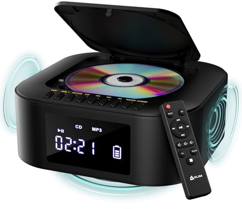 KLIM Boombox E1 – Portable CD Player with Subwoofer – Extra Bass, Bluetooth, FM Radio, USB, AUX, MP3 – Rechargeable Battery, Wired & Wireless Modes, Remote Control – Black/Gold