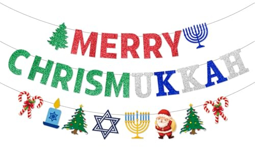 Cartel de Feliz Chrismukkah – Bandera de Navidad y Hanukkah – Decoración de fiesta de vacaciones de invierno con accesorios de bricolaje