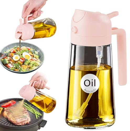 YARRAMATE Pulverizador de Aceite 2 en 1 para Freidora de Aire 470 ml | Botella dispensadora de aceite de oliva, botella de vidrio, pulverizador para cocina, rosa melocotón