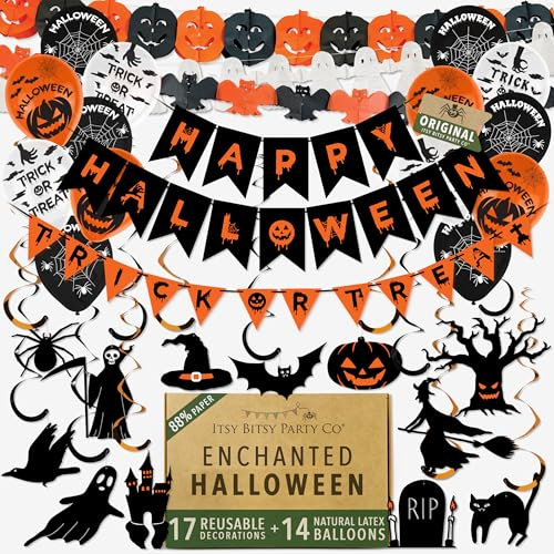 Premium Reusable Halloween Decorations Indoor - 14 Spooky Balloons, Happy Halloween Banner, Trick or Treat Sign, 12 Haunted Hanging Decorations, 3 Chilling Garlands