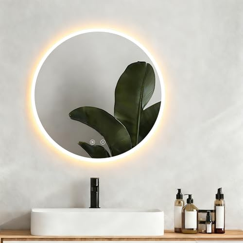 Sanycasa Rundspiegel 60*60cm mit LED-Beleuchtung, Badspiegel mit Touchschalter, 3 Lichtfarben (3000-6000K) dimmbar, Anti-Beschlag mit Memory-Funktion und explosionsgeschütztem Glas [Energieklasse E]