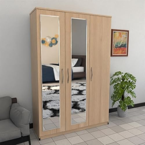 Fully Assembled Wardobe, 3 Door wardrobe, Mirrored 116cm (Oak)