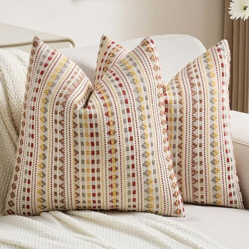 Ystyle Funda Cojin 40x40 (Pack de 2 Unidades), En Suave Tejido de Chenilla Funda Almohada, con Rayas Decorativas de Estilo Rústico, Apta para Sofás de Salón, Marrón Rojizo