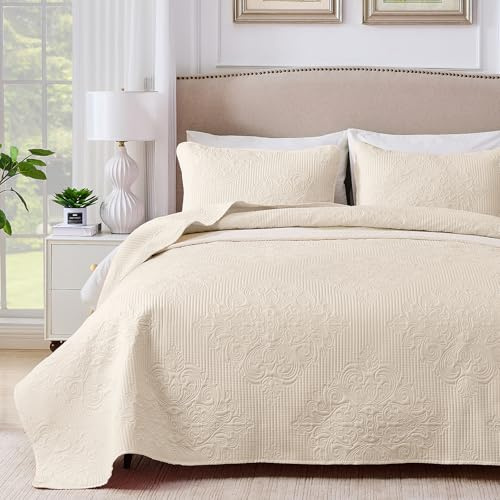 Qucover Colcha Beige Estampada 240x260cm, Juego de Colcha Cama 180 Ultrasónica, Cubrecama Microfibra con 2 Fundas de Almohada 50x75cm, Manta de Verano Cama 180 Superligera con Elegante Patrón Foral