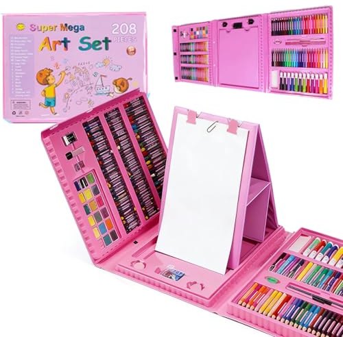 M.J COMFY-LIFE 208 PCS Painting and Colouring Set Art Supplies Set for Kids Adults – Drawing Kit with Storage Box Case & Easel Portable Art Case with Handle Pink Gift for Girls & Boys