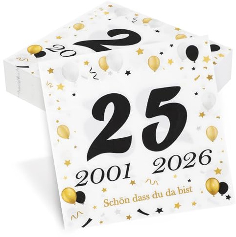 50 Stück Servietten 25. Geburtstag, Seutgjie 25 Geburtstag Deko 2001-2026 Silberhochzeit Jubiläum Tischdeko Schwarz Gold Tisch-Deko Party Gedeckter Tisch