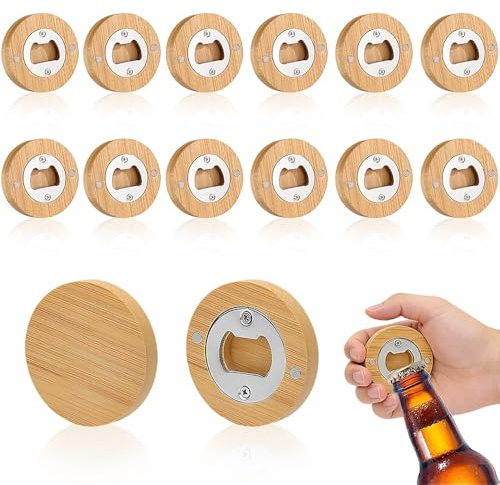 BIZOI 12 Stück Flaschenöffner Holz, Rund Bieröffner aus Edelstahl mit Magnet, Flaschenöffner Personalisiert, Robust und Langlebig, Geschenke für Ihn Ehemann Freund Vater Opa (6,5 cm Durchmesser)