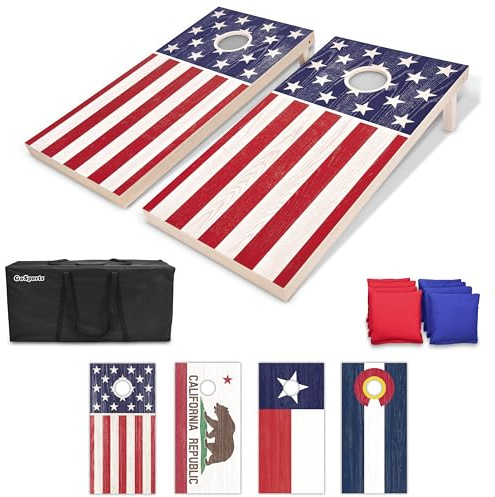 GoSports Cornhole-Set aus Massivholz, offizielle Größe, Design mit amerikanischer Flagge, enthält Zwei 120 x 60 cm große Bretter, 8 Wurfsäckchen, Tragetasche und Spielregeln