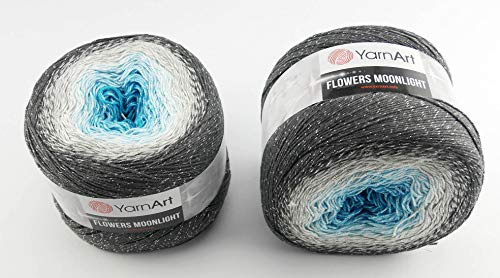 YarnArt Flowers 500 Gramm Bobbel Wolle mit Glitzer und Farbverlauf, 53% Baumwolle, Bobble Strickwolle Mehrfarbig 1000m (anthrazit grau blau 3251)