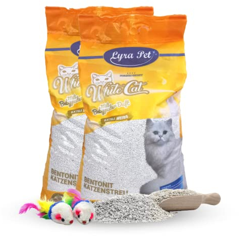Lyra Pet® | 30 Liter White Cat Katzenstreu + 2 Spielmäuse | Mit Babypuder Duft | Feines Klumpstreu | 350% Saugkraft | Naturprodukt aus Bentonit | Saubere Wohnung | Neutralisiert Gerüche | Staubarm