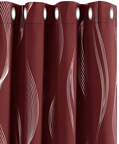 Deconovo Christmas Curtains Silver Wave Line Foil Printed Blackout Curtains Thermal Insulated Eyelet Curtains for Living Room 52 x 63 Inch Red 2 Panels