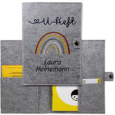 Cozy Racoon U-Heft-und Impfpasshülle aus Filz mit Personalisierung/Name | 3- teiliges Set | Hochwertige Hülle für Untersuchungsheft, Impfpass und Versichertenkarte Deines Kindes | Regenbogen Natural