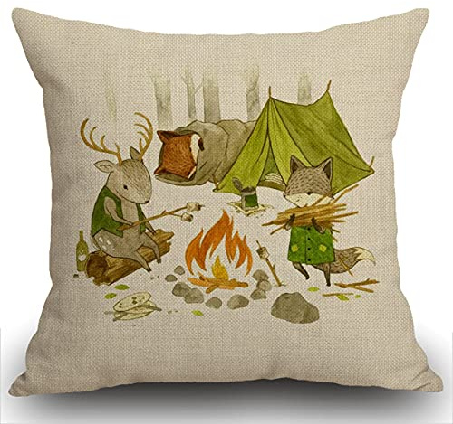 Smooffly Kissenbezug mit Camping-Tieren, Outdoor-Kissen, Baum, Hirsch, Fuchs, Zelt, Lagerfeuer, Outdoor-Abenteuer, Dekokissen für Wohnzimmer, Sofa, Bett, 45 x 45 cm