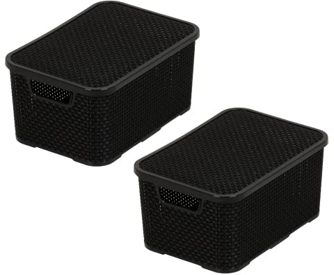 BranQ - Home Essential Cesta con tapa en diseño de ratán, juego de 2 unidades, tamaño M, 10 L, sin bisfenol A, plástico PP, negro, 28,8 x 19,7 x 16,2 cm, 2 unidades