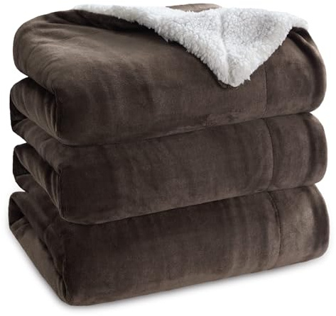 Bedsure Sherpa Fleece Throw Blanket - Thick and Warm, Fluffy Microfiber & Solid Soft Blankets for Bed and Couch Queen Size Coverlet Sets, Brown, 220x240cm