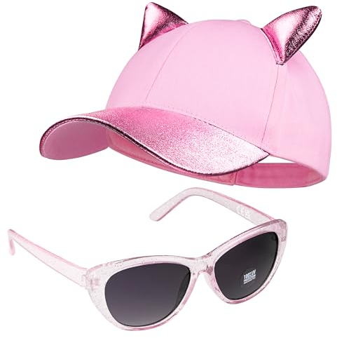 Baseball Cap Kinder, 2er Set Snapback Cap mit Ohren und Sonnenbrille Kinder Sonnenschutz - Geschenke für Mädchen (Rosa)