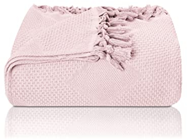 LAYNENBURG Premium Copriletto con frange annodate a mano - 100% cotone - 220 x 240 cm - Coperta estiva in Waffle Piqué - Coperta in cotone come coperta da letto, coperta da divano (Rosa)