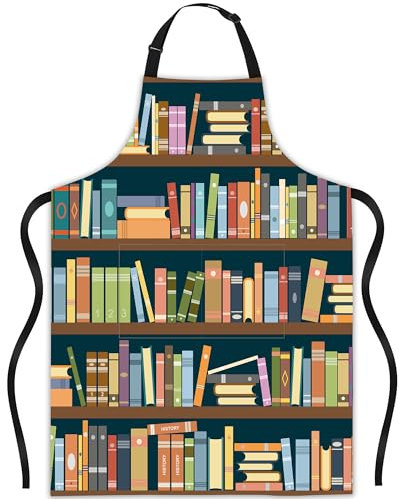 JASAKOO Schürze, Latzschürze mit verstellbarem Hals für Damen und Herren, Geschenke für Küche, Garten, Kochen, Vintage Cartoon Bücherregal, Einheitsgröße