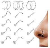 LOYALLOOK 18Pcs Nose Rings Studs 316L Surgical Steel Silver Nose Studs Double Hoop Nose Ring for Women Men 18G Silver Nose Rings Stud Hypoallergenic Nose/Body Piercing Jewelry 1.5mm 2mm 2.5mm 3mm CZ