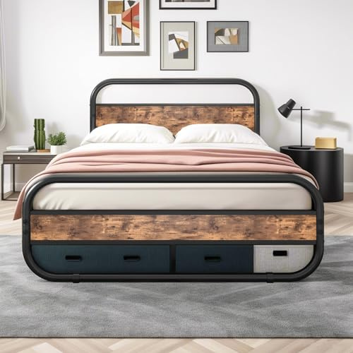 Diahomy King Size Bed Metal Platform Bed Frame with Wood Headboard,Mattress Base,Metal Slat Support, Under Bed Storage,Black and Brown