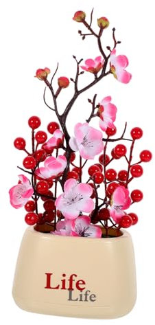 Cabilock Artificial Potted Flowers Christmas Potted Plants Cherry Blossom Branches Realistic Bonsai Tree Plum Blossom Potted Plants Feng Shui Money Tree Mini Bonsai Tree Plastic Sushi Fruit