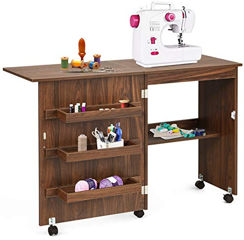 GOPLUS Mueble para Máquina de Coser, Mesa Plegable de Costura con 5 Ruedas y 4 Estantes, Armario Organizador de Costura y Manualidades, Escritorio de Costura para Hogar, Estudio (Marrón Oscuro)