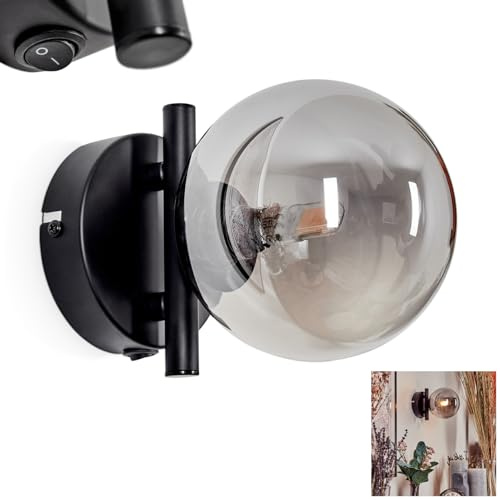 Wandleuchte Chehalis, Wandlampe aus Metall/Glas in Schwarz/Rauchfarben, Leuchte im modernen Retro/Vintage-Design mit Schirm aus Glas (Ø 12 cm) u. An/-Auschalter am Gehäuse, 1 x G9, ohne Leuchtmittel