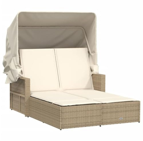 Gecheer Doppel Sonnenliege Gartenmöbel Liege Lounge Doppelliege Gartenliege Strandliege Relaxliege Rattanmöbel Rattanliege mit Dach und Auflagen Beige Poly Rattan