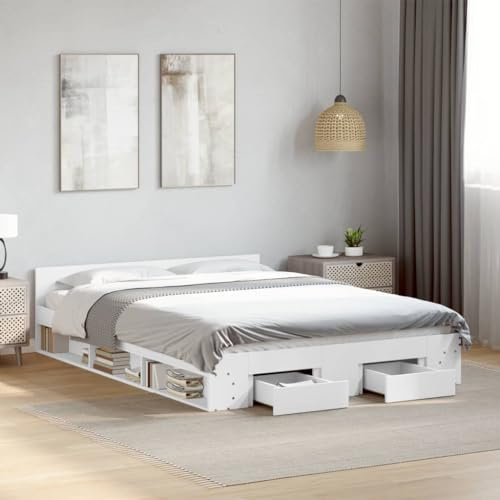 Faroom Bett mit Stauraum 140x200 cm Einzelbett mit Schubkästen Holzbett Stauraumbett Kinderbett Jugendzimmer Kojenbett Erwachsenenbett mit Kopfteil, Lattenrost Weiß