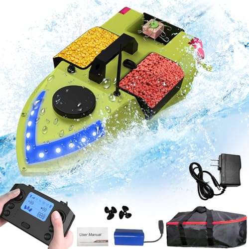 OBEST Fernbedienung Fischköderboot mit GPS, 600M Nachtlicht Futterboot RC Angeln Köderboot, 1,5kg Laden 3-Kabinen Angelboot, Intelligente Rückkehr, Niedriger Batterieschutz, Doppelmotor Boot, 5200mAh