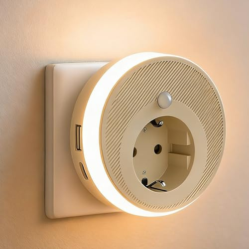 LED Nachtlicht mit Bewegungsmelder und Steckdose, Bewegungslicht Steckdose, 3 Modi Nachtlicht Dimmbarmit mit 2 x USB, Warmes 2700K Licht Nachtlicht Auto/OFF/ON Modi Für Flur, Treppe, Schlafzimmer