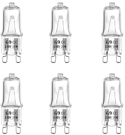 WinDerMo G9 Halogen Leuchtmittel 6 Stück, Halogen 28W 230V Dimmbar Halogenlampen, G9 Kapsel Glühbirnen Nicht Flimmern, Warmweiß Lampen 2700K für Backofenlampe, Deckenleuchten, Leuchter