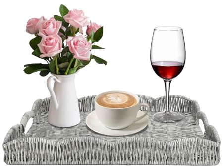 Bandeja rectangular de mimbre festoneada, bandeja de servir de ratán sintético tejida a mano con asas, cesta decorativa para mesa de café, decoración moderna y bohemia rústica para el hogar u