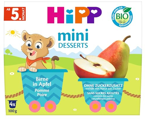 HiPP Bio Mini Desserts Birne in Apfel, 6x4x100g (24 Becher), ab 5. Monat, ohne Zuckerzusatz, als Nachtisch oder zur Breizubereitung