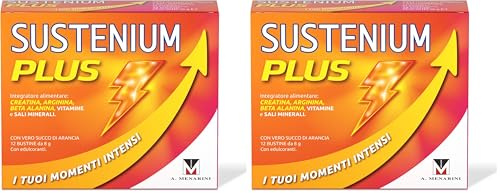Sustenium Plus - lntegratore energizzante a base di uno specifico complesso di aminoacidi, vitamine e minerali. Per la tua energia fisica e mentale. Confezione da 24 bustine