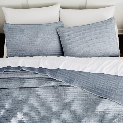 WDCOZY Chambray Pick Stitch Queen Size Quilt Set, Denim Blue Striped Lightweight Soft Summer Spring Bedspread, Bamboo Linen Like Textured Coverlet, Farmhouse Country Rustic Bedding, Thin Comforter