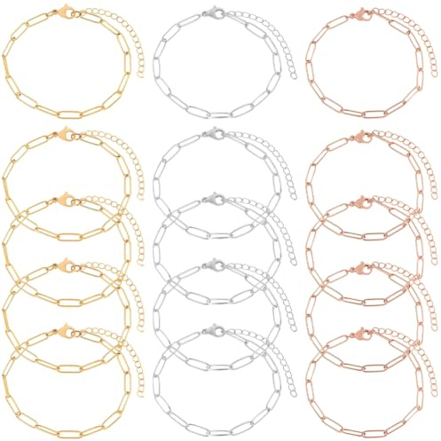 Beebeecraft 15 Stück 3 Farben Büroklammer Charm Armbandkette 304 Edelstahl Büroklammer Kettenarmbänder Bulk Mit Verlängerungs Karabinerverschluss Für Die Schmuckherstellung DIY Kit