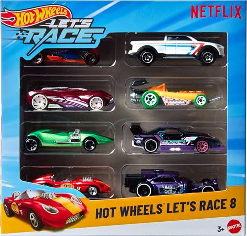 Hot Wheels leksaksbilar och lastbilar, Full fart-bilar i 8-pack, set med 8 stycken fordon i skala 1:64 från den tecknade Netflix-serien, JGK18