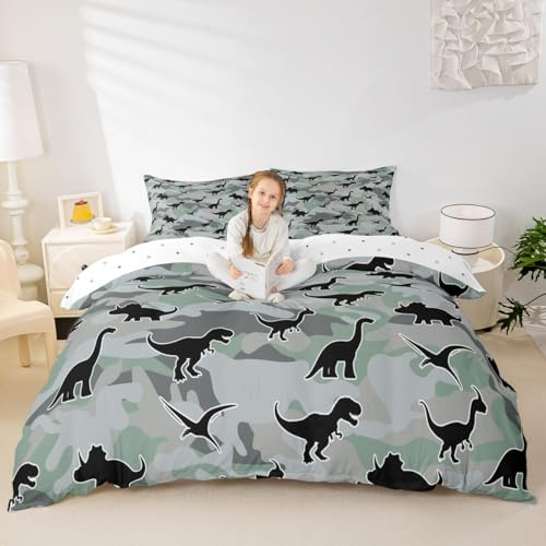 Feelyou Dino Duvet Cover Twin Size Boys Girls Camo Dinosaur Bedding Set Breathable Soft Jungle Dino Comforter Cover 2Pcs Military Style Bedroom Decor