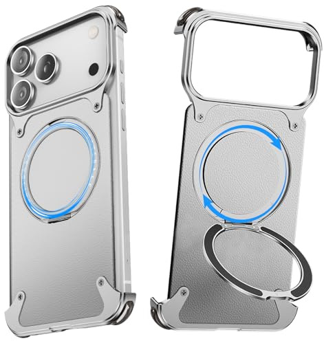 NIFBANG Leder Hülle für iPhone 17 Pro Max mit Kickstand,360°Drehbar Magnetisch Ständer,Luxus Anti-Fingerabdruck Handyhülle,Rahmenlose Cover Stoßfest Schutzhülle 17 Promax Bumper Case(Silber)