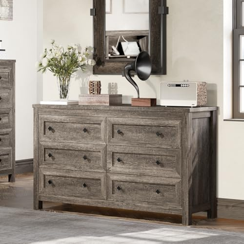 AMERLIFE 54 Wood Dresser with 6 Drawers, Farmhouse Chest of Drawers & Storage Dresser for Bedroom Furniture, Wide Drawer Organizer for Closet, Rustic Grey, Hallway